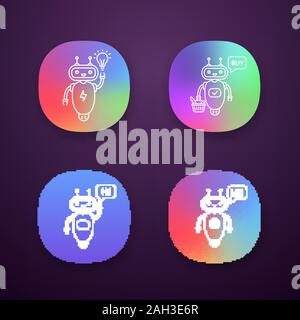 Chatbots app icons set. UI/UX user interface. Talkbots. Virtual assistants. New idea, buy, hi, code chat bots. Modern robots. Web or mobile applicatio Stock Vector
