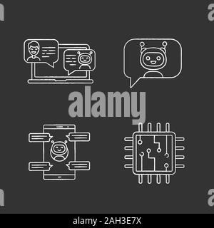 Chatbots chalk icons set. Virtual assistants. Messenger and chat bots. Processor. Modern robots. Smartphone chatterbots. Isolated vector chalkboard il Stock Vector