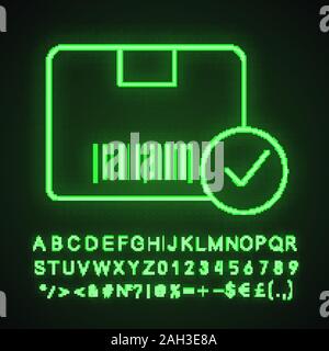Approved delivery neon light icon. Successful package receipt. Verification parcel barcode. Glowing sign with alphabet, numbers and symbols. Quality d Stock Vector