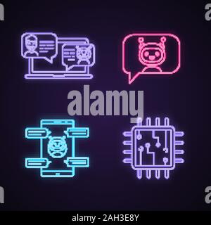 Chatbots neon light icons set. Virtual assistants. Messenger and chat bots. Processor. Modern robots. Smartphone chatterbots. Glowing signs. Vector is Stock Vector