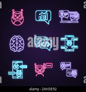 Chatbots neon light icons set. Talkbots. Graph, support, code, messenger, chat bots. Modern robots. Chatterbots. Virtual assistants. Glowing signs. Ve Stock Vector