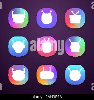 Chatbots app icons set. UI/UX user interface. Modern robots emojis. Laughing, happy chat bot smileys. Virtual assistants. Web or mobile applications. Stock Vector