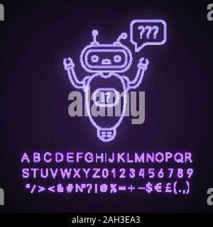 Help chatbot neon light icon. FAQ chat bot. Bewildered robot with question marks in speech bubble. Glowing sign with alphabet, numbers and symbols. Ve Stock Vector