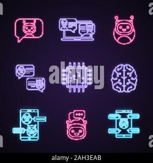 Chatbots neon light icons set. Talkbots. Support service, chat, messenger bots. Modern robots. Digital brain and processor. Chatterbots. Glowing signs Stock Vector