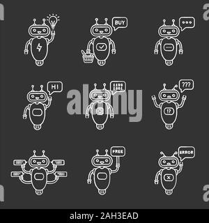 Chatbots chalk icons set. Talkbots. Idea, buy, text, hi, code, question, chat, free, error bots. Modern robots. Isolated vector chalkboard illustratio Stock Vector