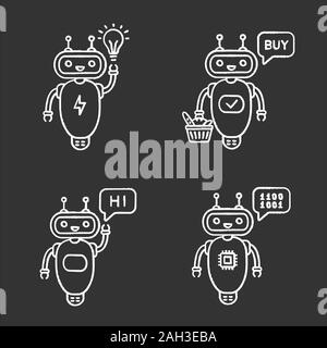 Chatbots chalk icons set. Talkbots. Virtual assistants. New idea, buy, hi, code chat bots. Modern robots. Isolated vector chalkboard illustrations Stock Vector