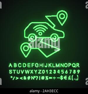 Self driving car neon light icon. Smart navigation. Setting pickup and drop off locations. Driverless auto route. Glowing sign with alphabet, numbers Stock Vector