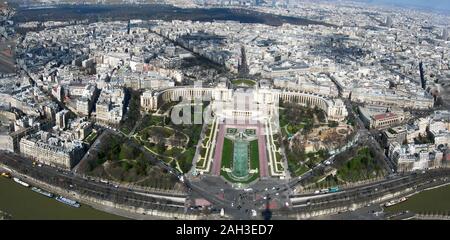 Around Paris - A Panoramic view of the city from the Eiffel Tower, showing the Jardins du Trocadero Stock Photo