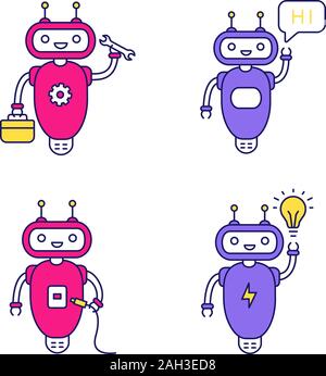 Chatbots color icons set. Talkbots. Virtual assistants. Repair, hi, USB, new idea chat bots. Modern robots. Isolated vector illustrations Stock Vector