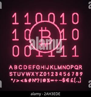 Binary code neon light icon. Cryptocurrency mining. Digital money. Computing. Bitcoin on binary code. Glowing sign with alphabet, numbers and symbols. Stock Vector