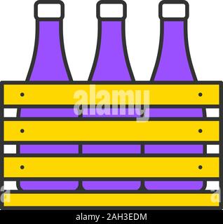 Beer case color icon. Wine or champagne bottles in wooden crate. Milk bottles in wooden box. Isolated vector illustration Stock Vector