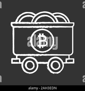 Bitcoin mining business chalk icon. Mine cart with bitcoin coins. Cryptocurrency. Isolated vector chalkboard illustration Stock Vector