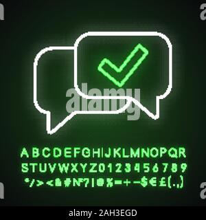 Approved chat neon light icon. Delivered message. SMS verification. Confirmation dialog. Glowing sign with alphabet, numbers and symbols. Message appr Stock Vector