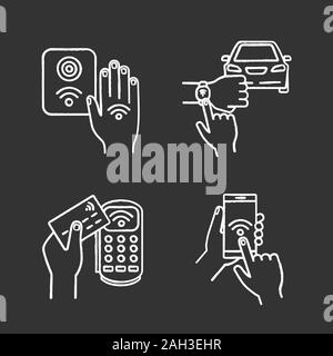 NFC technology chalk icons set. Near field smartphone, car and bracelet, payment terminal, reader. Isolated vector chalkboard illustrations Stock Vector