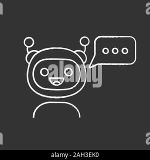 Chatbot with three dots in speech bubble chalk icon. Modern robot. Online virtual assistant. Chat bot. Digital support. Isolated vector chalkboard ill Stock Vector