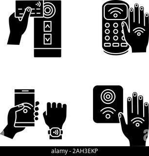 NFC technology glyph icons set. Near field credit card reader, payment terminal, bracelet, access control, hand sticker. Silhouette symbols. Vector is Stock Vector
