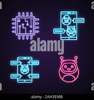 Chatbots neon light icons set. Virtual assistants. Messenger and chat bots. Processor. Modern robots. Smartphone chatterbots. Glowing signs. Vector is Stock Vector