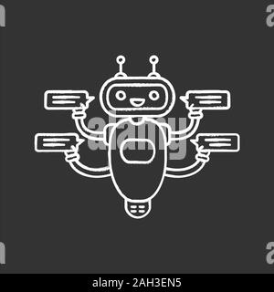 Chatbot with four speech bubbles chalk icon. Talkbot chatting to several users. Customer support service. Modern robot. Isolated vector chalkboard ill Stock Vector