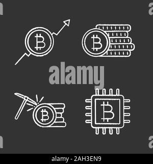 Bitcoin cryptocurrency chalk icons set. Market growth chart, bitcoin coins stack, mining, microchip. Isolated vector chalkboard illustrations Stock Vector