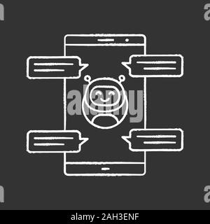 Chatbot with speech bubbles chalk icon. Messenger bot chatting on smartphone. Modern robot. Virtual assistant. Isolated vector chalkboard illustration Stock Vector