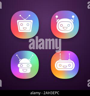 Chatbots app icons set. UI/UX user interface. Talkbots. Laughing virtual assistants. Conversational agents. Modern robots. Web or mobile applications. Stock Vector