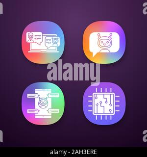 Chatbots app icons set. UI/UX user interface. Virtual assistants. Messenger and chat bots. Processor. Modern robots. Smartphone chatterbots. Web or mo Stock Vector