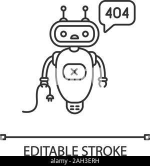 Not found error chatbot linear icon. Thin line illustration. Talkbot with error 404 in chat box. Website error page online assistant. Contour symbol. Stock Vector