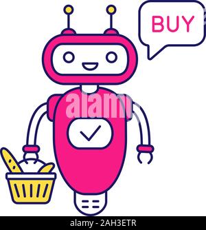 Online customer service chatbot color icon. Talkbot with grocery basket says buy. Modern robot. Virtual shopping assistant. Isolated vector illustrati Stock Vector