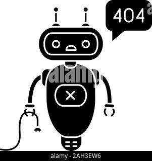 Not found error chatbot glyph icon. Silhouette symbol. Talkbot with error 404 in chat box. Website error page online assistant. Modern robot. Negative Stock Vector