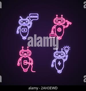 Chatbots neon light icons set. Talkbots. Virtual assistants. Error, repair, USB, new idea chat bots. Modern robots. Glowing signs. Vector isolated ill Stock Vector