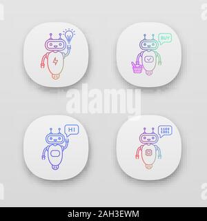 Chatbots app icons set. UI/UX user interface. Talkbots. Virtual assistants. New idea, buy, hi, code chat bots. Modern robots. Web or mobile applicatio Stock Vector