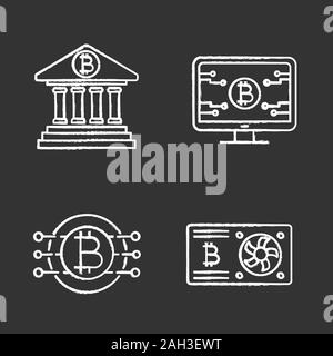 Bitcoin cryptocurrency chalk icons set. Online banking, bitcoin official web page, graphic card, CPU mining. Isolated vector chalkboard illustrations Stock Vector