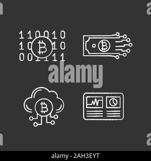 Bitcoin cryptocurrency chalk icons set. Binary code, digital money, cloud mining, hashrate. Isolated vector chalkboard illustrations Stock Vector