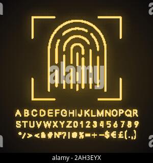 Fingerprint scanning neon light icon. Touch id. Biometric identification.  Fingerprint recognition. Glowing sign with alphabet, numbers and symbols. V Stock Vector