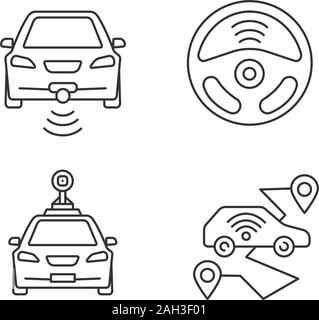 Smart cars linear icons set. NFC autos. Intelligent vehicles. Self ...