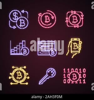 Bitcoin cryptocurrency neon light icons set. Bitcoin exchange, fintech, market growth chart, mining software, digital wallet, key, binary code. Glowin Stock Vector
