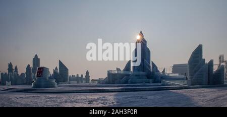 View of ice sculptures on display during the 21st Harbin Ice and Snow World in Harbin City, northeast China's Heilongjiang Province on December 23rd, Stock Photo