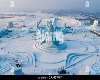 View of ice sculptures on display during the 21st Harbin Ice and Snow World in Harbin City, northeast China's Heilongjiang Province on December 23rd, Stock Photo