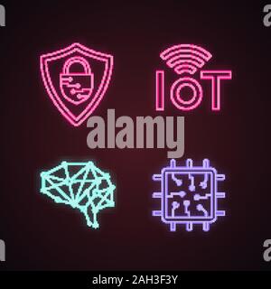 Artificial intelligence neon light icons set. AI. Cybersecurity, internet of things, neural network, chip. Glowing signs. Vector isolated illustration Stock Vector