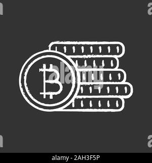 Bitcoin coins stack chalk icon. Cryptocurrency deposit. Digital money. Isolated vector chalkboard illustration Stock Vector