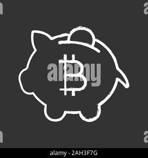 Bitcoin deposit chalk icon. Penny piggy bank with bitcoin. Cryptocurrency mining. Saving digital money. Isolated vector chalkboard illustration Stock Vector