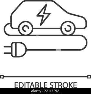 Electric car linear icon. Eco friendly auto. Thin line illustration. Green vehicle. Automobile with electric plug. Contour symbol. Vector isolated out Stock Vector