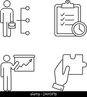 Business management linear icons set. Employee skills, time management, presentation, finding solution. Thin line contour symbols. Isolated vector out Stock Vector