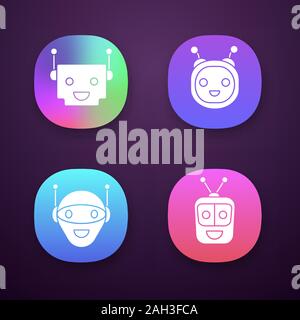Chatbots app icons set. UI/UX user interface. Talkbots. Laughing virtual assistants. Conversational agents. Modern robots. Web or mobile applications. Stock Vector