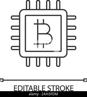 CPU mining linear icon. Cryptocurrency mining hardware. Thin line illustration. Bitcoin sign inside microchip. Digital money. Contour symbol. Vector i Stock Vector