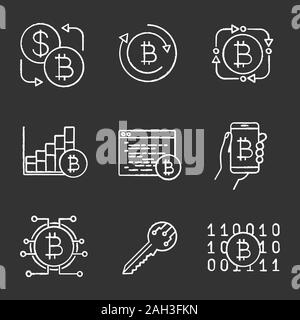 Bitcoin cryptocurrency chalk icons set. Bitcoin exchange, fintech, market growth chart, mining software, digital wallet, key, binary code. Isolated ve Stock Vector