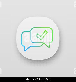 Approved chat app icon. Delivered message. SMS verification. Confirmation dialog. UI/UX user interface. Web application. Message approval. Speech bubb Stock Vector