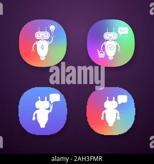 Chatbots app icons set. UI/UX user interface. Talkbots. Virtual assistants. New idea, buy, hi, code chat bots. Modern robots. Web or mobile applicatio Stock Vector