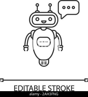 Chatbot typing answer linear icon. Thin line illustration. Talkbot with three dots in speech bubble. Modern robot. Virtual assistant. Contour symbol. Stock Vector