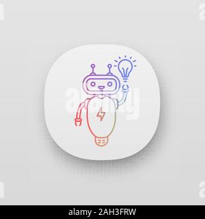 New idea chatbot app icon. UI/UX user interface. Talkbot with lightbulb. Virtual assistant. Modern robot. Online support chat bot. Web or mobile appli Stock Vector
